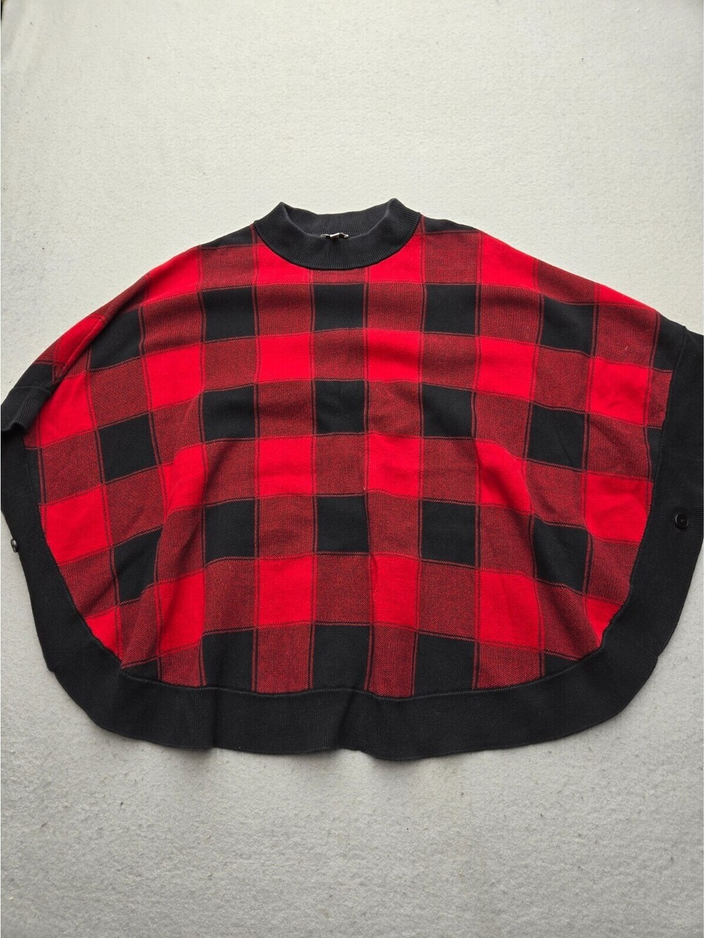 Talbots Women Sweater L/Xl Black/Red Cape Plaid Unknown Mock Neck Button